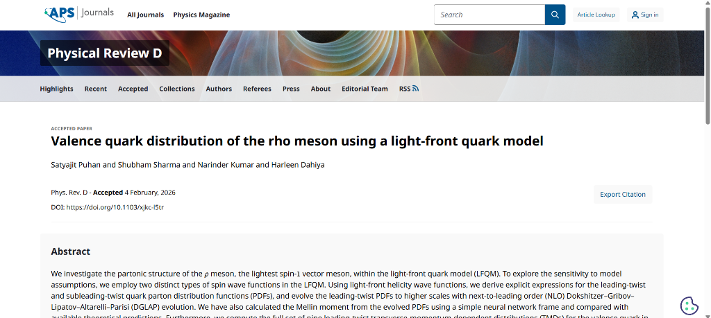Recent Paper Published in Physical Review D