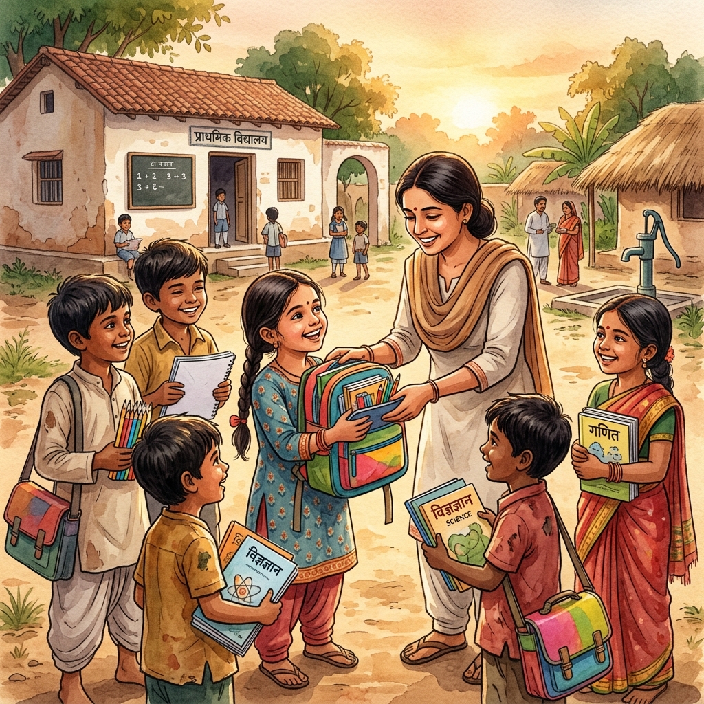 Children receiving educational supplies