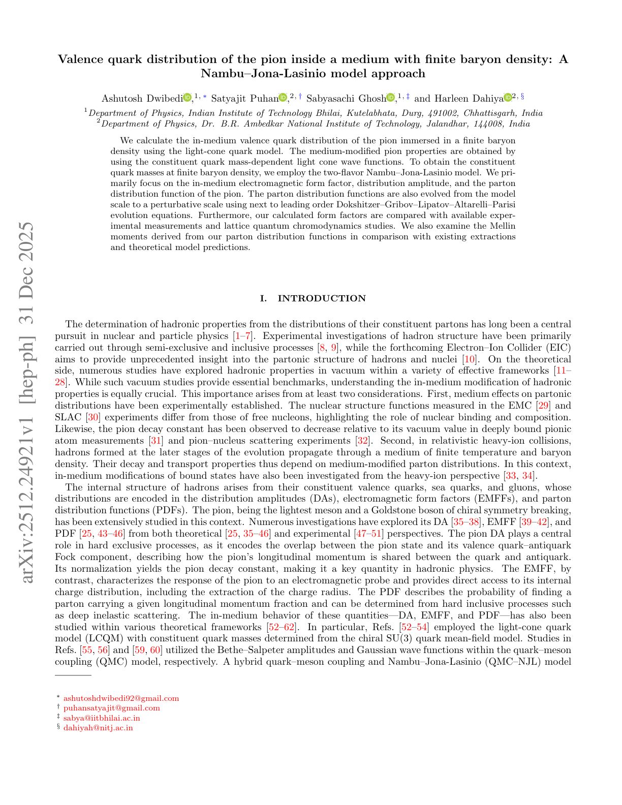 Valence Quark Distribution of the Pion Inside a Medium with Finite Baryon Density — Accepted in PTEP